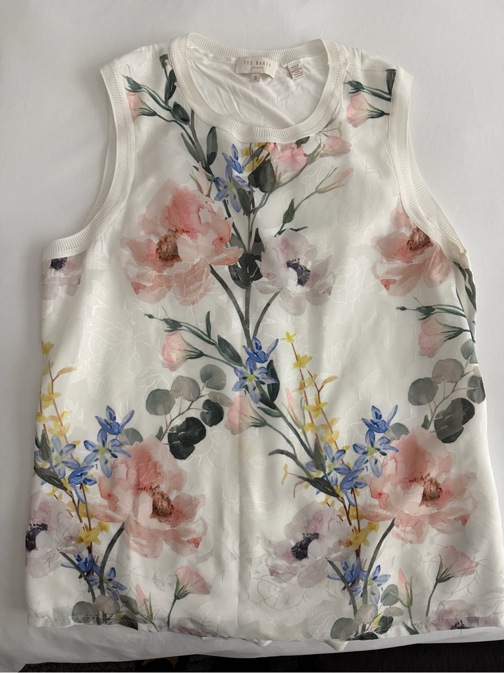 Ted Baker White Floral Tank Top with Pink & Blue Blooms